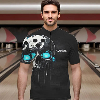 Black and Blue Skull Men's Bowling Polo, Quarter Zip shirts Custom Skull Team Bowling Jersey NQS9361