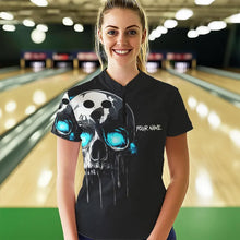 Load image into Gallery viewer, Black and Blue Skull Women&#39;s Bowling Polo, Quarter Zip shirts Custom Skull Team Bowling Jersey NQS9361