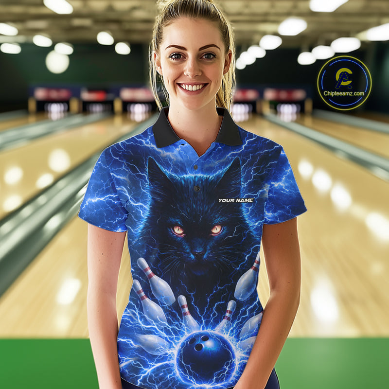 Blue Lightning Thunder Cat Bowling Jerseys for Women custom Bowling Polo, 1/4 zip Team League Shirts NQS11428
