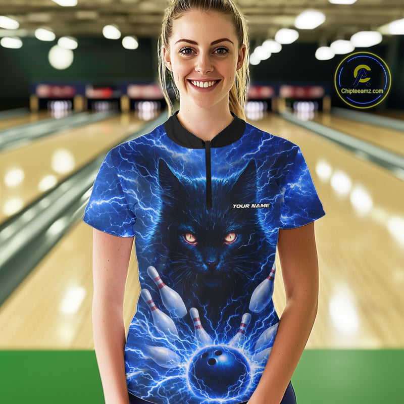 Blue Lightning Thunder Cat Bowling Jerseys for Women custom Bowling Polo, 1/4 zip Team League Shirts NQS11428