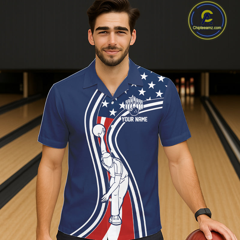 Retro bowling Hawaiian shirt Custom American flag patriotic team bowling button-up jersey | Navy NQS11430