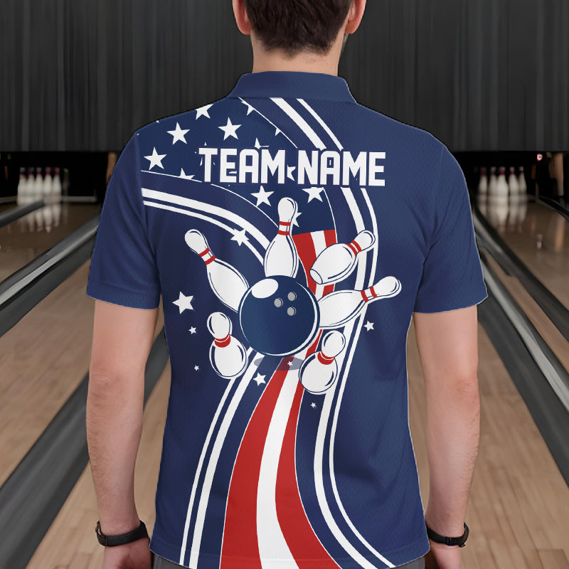 Retro bowling Polo, 1/4 Zip shirts for Men Custom American flag patriotic team bowling jerseys | Navy NQS11430