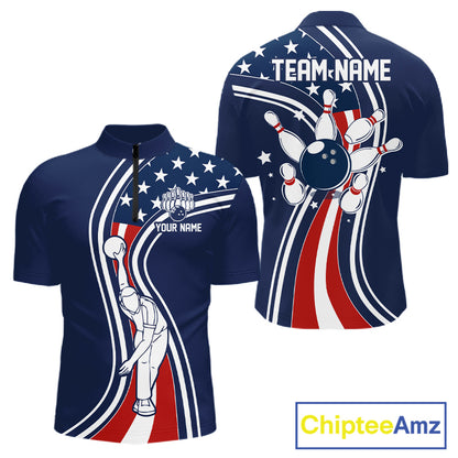 Retro bowling Polo, 1/4 Zip shirts for Men Custom American flag patriotic team bowling jerseys | Navy NQS11430