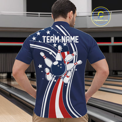 Retro bowling Polo, 1/4 Zip shirts for Men Custom American flag patriotic team bowling jerseys | Navy NQS11430