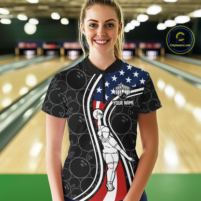 Black camo Retro bowling shirts for Women Custom American flag patriotic team bowling jerseys NQS11431