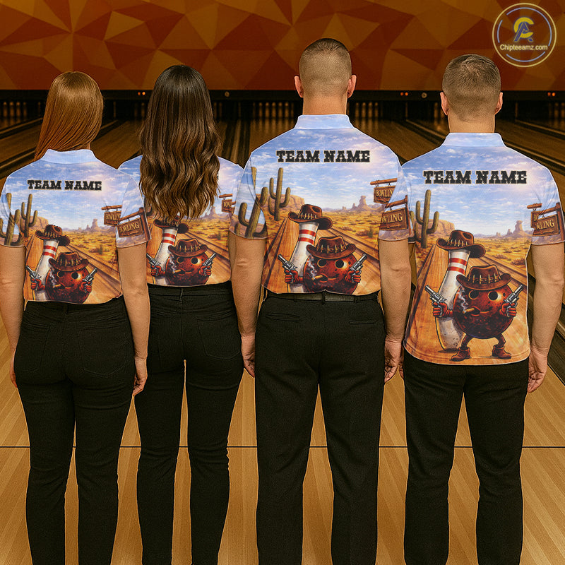 Funny desert Bowling Cowboy gun Bowling Polo, 1/4 zip shirts Custom bowling team jerseys NQS11434