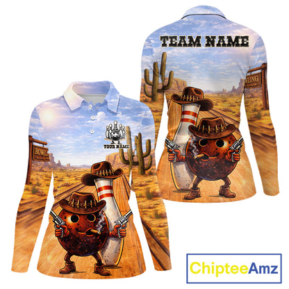 Funny desert Bowling Cowboy gun Bowling Polo, 1/4 zip shirts for Women Custom bowling team jerseys NQS11434