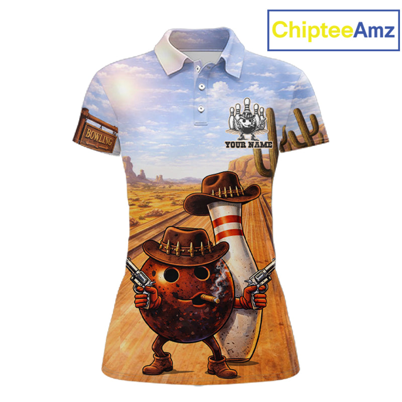 Funny desert Bowling Cowboy gun Bowling Polo, 1/4 zip shirts for Women Custom bowling team jerseys NQS11434