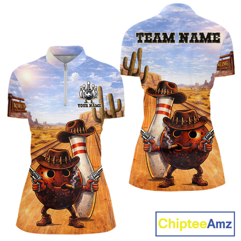 Funny desert Bowling Cowboy gun Bowling Polo, 1/4 zip shirts for Women Custom bowling team jerseys NQS11434