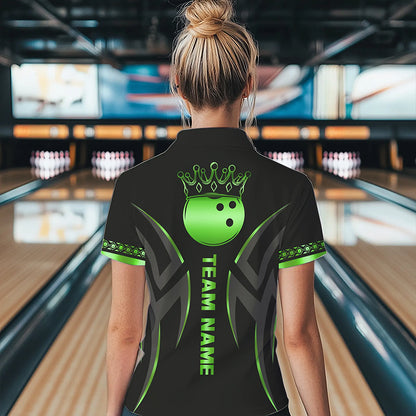 Black and Green crown Bowling ball Polo, Quarter Zip Shirts for Women Custom Bowling Team jerseys NQS9502