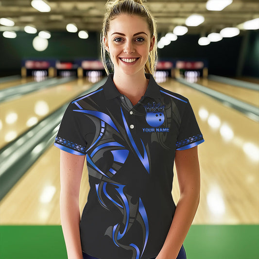 Black and Blue crown Bowling ball Polo, Quarter Zip Shirts for Women Custom Bowling Team jerseys NQS9503