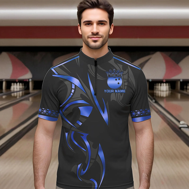 Black and Blue crown Bowling ball Polo, Quarter Zip Shirts for Men Custom Bowling Team jerseys NQS9503