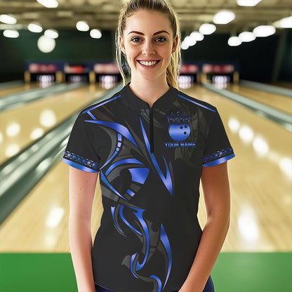 Black and Blue crown Bowling ball Polo, Quarter Zip Shirts for Women Custom Bowling Team jerseys NQS9503