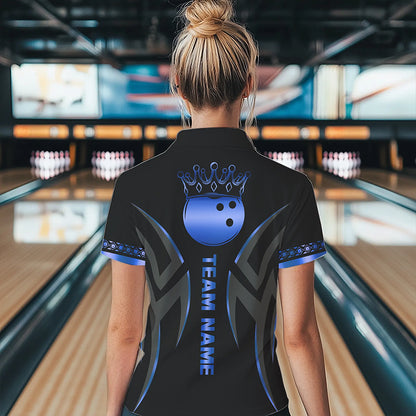 Black and Blue crown Bowling ball Polo, Quarter Zip Shirts for Women Custom Bowling Team jerseys NQS9503