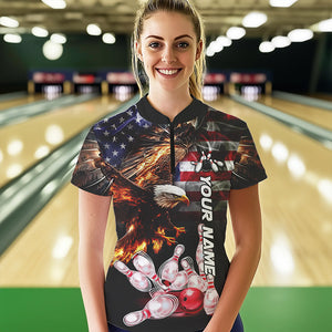 Smoke American Flag Eagle Flame Bowling Shirts for Women Custom patriotic Team Bowling jerseys NQS9504