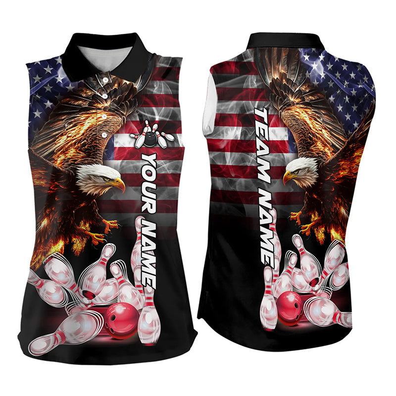 Smoke American Flag Eagle Flame Bowling Sleeveless Polo Shirt Custom patriotic Team Bowling jerseys NQS9504