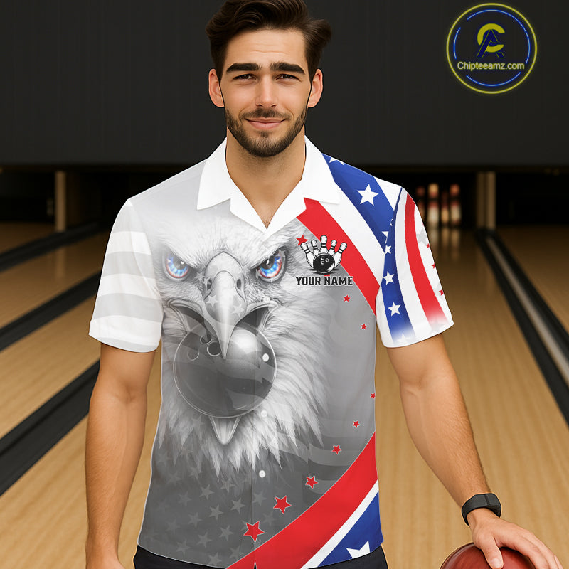 Red, White & Blue US Flag Eagle Bowling Button-up Shirt Custom Patriotic Team Hawaiian Bowling Jersey NQS11632
