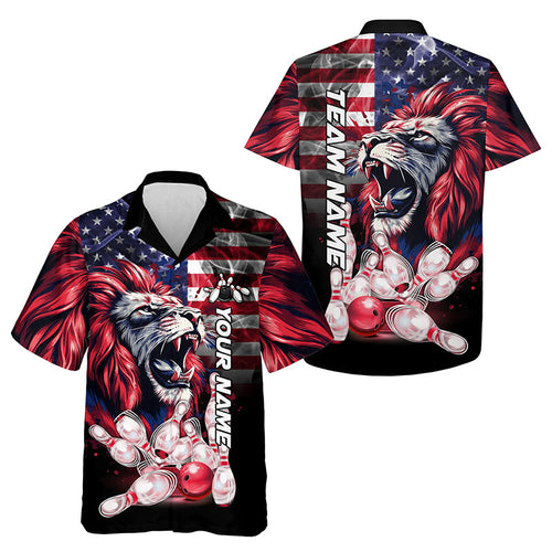 Smoke American Flag Lion Bowling Hawaiian shirts Custom patriotic Team Bowling Button up shirt NQS9670