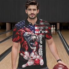 Load image into Gallery viewer, Smoke American Flag Lion Bowling Polo, 1/4 Zip Shirts for Men Custom patriotic Team Bowling jerseys NQS9670