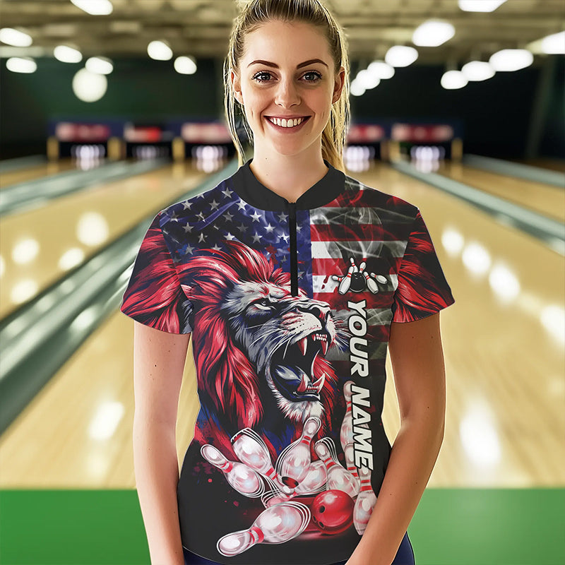 Smoke American Flag Lion Bowling Polo, 1/4 Zip Shirts for Women Custom patriotic Team Bowling jerseys NQS9670