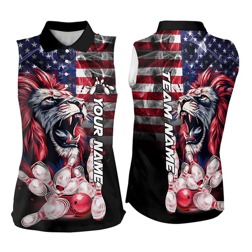 Smoke American Flag Lion Bowling Sleeveless Polo Shirt Custom patriotic Team Bowling jerseys NQS9670