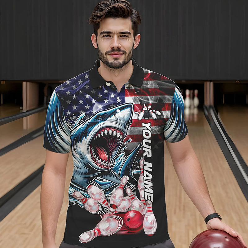 Smoke American Flag Shark Bowling Polo, 1/4 Zip Shirts for Men Custom patriotic Team Bowling jerseys NQS9671
