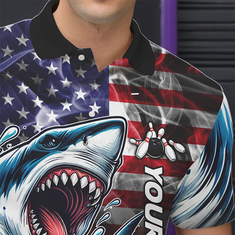 Smoke American Flag Shark Bowling Polo, 1/4 Zip Shirts for Men Custom patriotic Team Bowling jerseys NQS9671