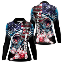 Load image into Gallery viewer, Smoke American Flag Shark Bowling Polo, 1/4 Zip Shirts for Women Custom patriotic Team Bowling jerseys NQS9671
