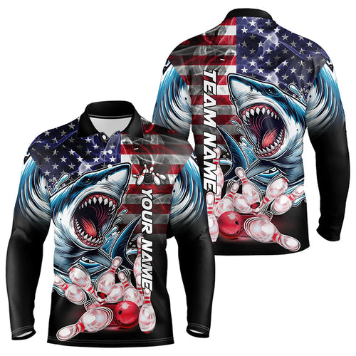 Smoke American Flag Shark Bowling Polo, 1/4 Zip Shirts for Men Custom patriotic Team Bowling jerseys NQS9671