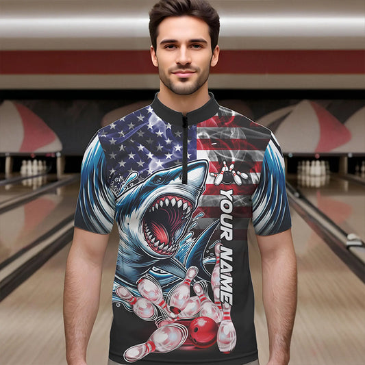 Smoke American Flag Shark Bowling Polo, 1/4 Zip Shirts for Men Custom patriotic Team Bowling jerseys NQS9671