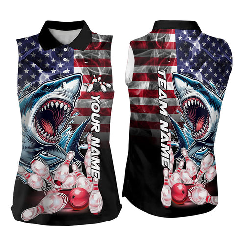 Smoke American Flag Shark Bowling Sleeveless Polo Shirt Custom patriotic Team Bowling jerseys NQS9671