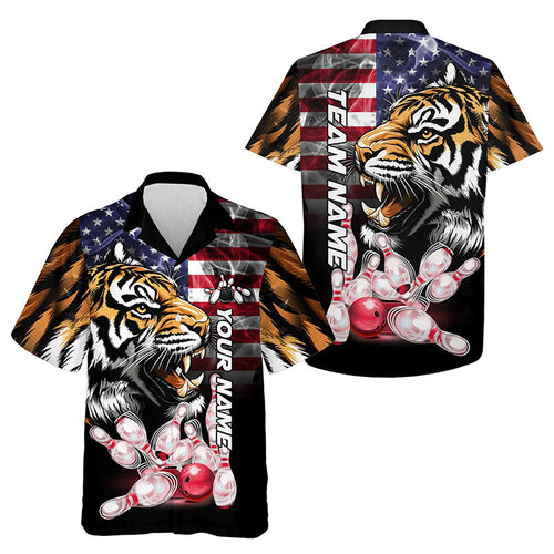 Smoke American Flag Tiger Bowling Hawaiian shirts Custom patriotic Team Bowling Button up shirt NQS9672