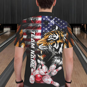 Smoke American Flag Tiger Bowling Polo, 1/4 Zip Shirts for Men Custom patriotic Team Bowling jerseys NQS9672