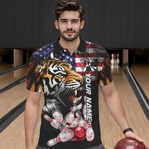 Smoke American Flag Tiger Bowling Polo, 1/4 Zip Shirts for Men Custom patriotic Team Bowling jerseys NQS9672