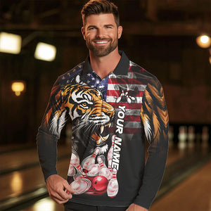 Smoke American Flag Tiger Bowling Polo, 1/4 Zip Shirts for Men Custom patriotic Team Bowling jerseys NQS9672