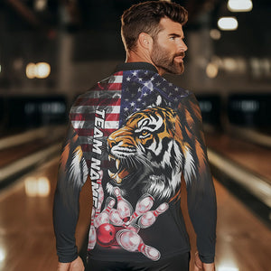 Smoke American Flag Tiger Bowling Polo, 1/4 Zip Shirts for Men Custom patriotic Team Bowling jerseys NQS9672