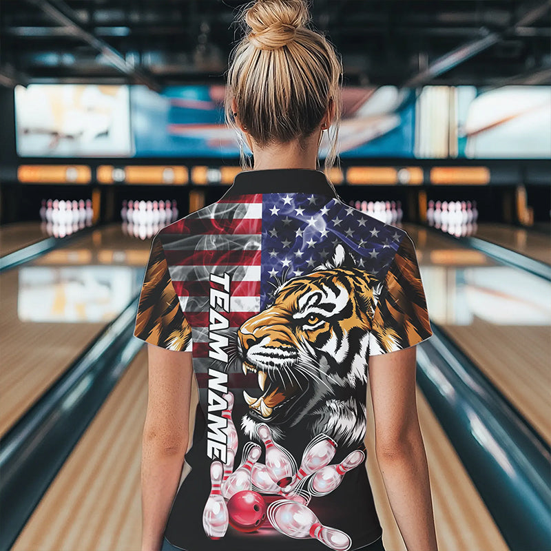 Smoke American Flag Tiger Bowling Polo, 1/4 Zip Shirts for Women Custom patriotic Team Bowling jerseys NQS9672