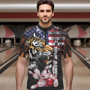 Smoke American Flag Tiger Bowling Polo, 1/4 Zip Shirts for Men Custom patriotic Team Bowling jerseys NQS9672