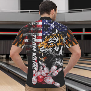Smoke American Flag Tiger Bowling Polo, 1/4 Zip Shirts for Men Custom patriotic Team Bowling jerseys NQS9672