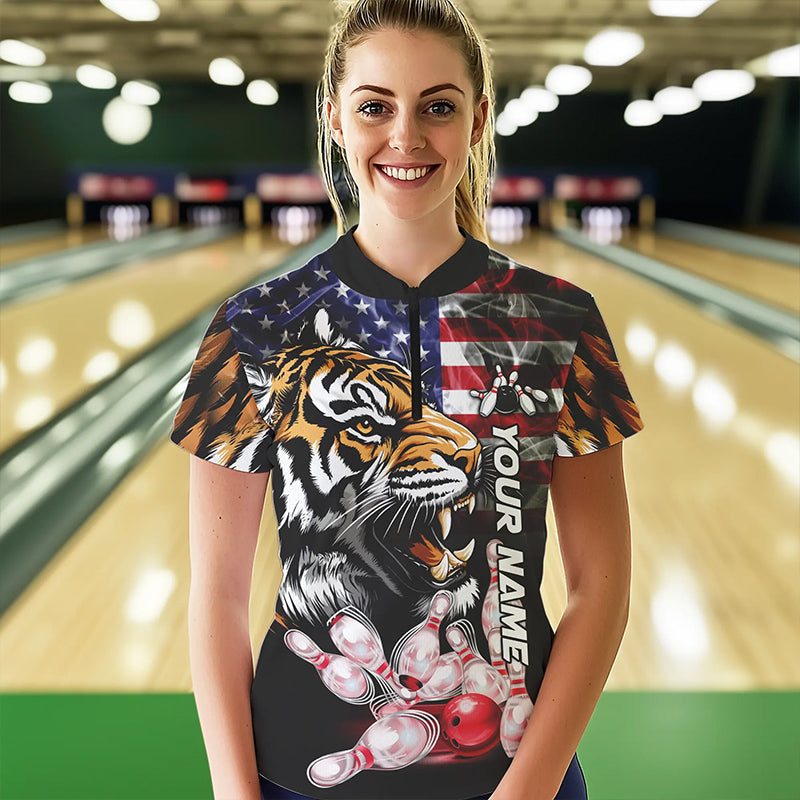 Smoke American Flag Tiger Bowling Polo, 1/4 Zip Shirts for Women Custom patriotic Team Bowling jerseys NQS9672