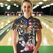 Load image into Gallery viewer, Smoke American Flag Tiger Bowling Polo, 1/4 Zip Shirts for Women Custom patriotic Team Bowling jerseys NQS9672