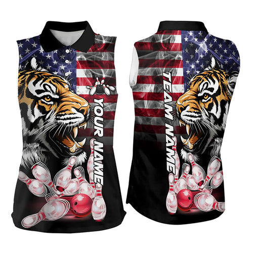 Smoke American Flag Tiger Bowling Sleeveless Polo Shirt Custom patriotic Team Bowling jerseys NQS9672