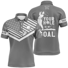 Load image into Gallery viewer, Mens golf polo shirt white American flag custom your hole is my goal funny golf team shirt | Gray NQS7608