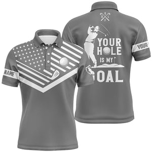 Mens golf polo shirt white American flag custom your hole is my goal funny golf team shirt | Gray NQS7608