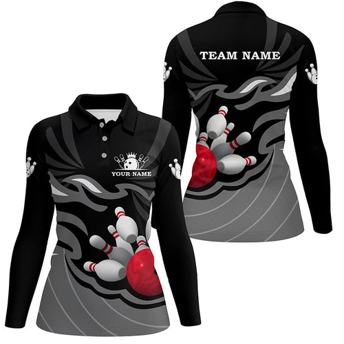 Women polo, quarter zip bowling shirts Custom bowling ball and pins team league jerseys | Black NQS7809