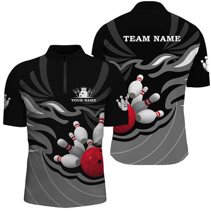 Mens polo, quarter zip bowling shirt Custom bowling ball pins team league jersey, bowling gift | Black NQS7809