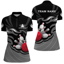 Load image into Gallery viewer, Women polo, quarter zip bowling shirts Custom bowling ball and pins team league jerseys | Black NQS7809