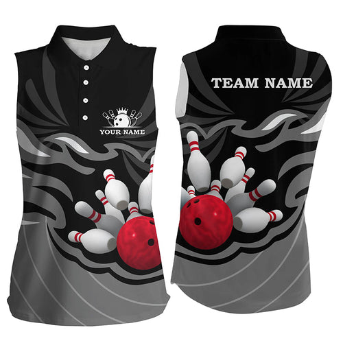 Womens sleeveless polo bowling shirt Custom bowling ball pins team league jersey, bowling gift | Black NQS7809