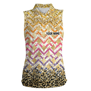 Yellow glitter leopard pattern Womens sleeveless polo shirt custom team ladies golf top NQS7814