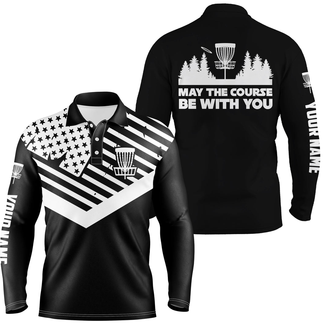 Black white American flag Men polo shirts custom May the course be with you disc golf shirts for men NQS5928